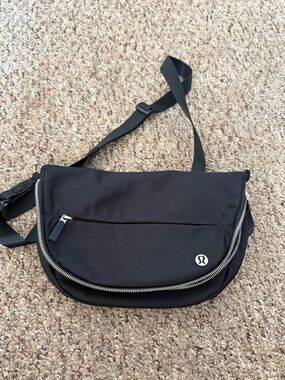 lululemon athletica Black Messenger Sling Bag with Silver Zipper